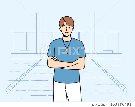 Smiling male swimming coach with whistle  Smiling male swimming coach with whistle  103386491