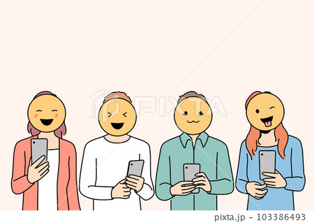 People with emojis on faces message online  103386493