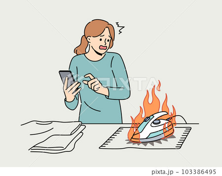 Distracted woman use cellphone burn clothes with iron Distracted woman use cellphone burn clothes with iron 103386495
