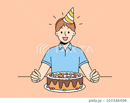 Smiling child celebrate birthday with cake  103386496