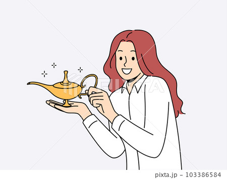 Smiling woman holding golden Aladdin lamp  103386584