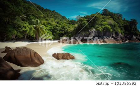 Beautiful beach. View of nice tropical beach with palms around. Holiday and vacation concept. Tropical beach. Generative AI. 103386592