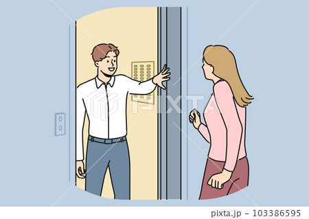 Smiling man hold lift doors to neighbor Smiling man hold lift doors to neighbor 103386595