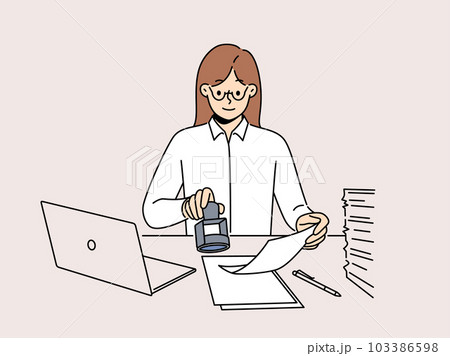 Smiling businesswoman stamp documents in office  103386598