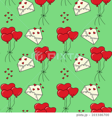 Seamless pattern with balloons, envelopes with hearts. Seamless vector pattern in doodle style. Template for fabric, textiles, wrapping paper, wallpaper and other decorations. 103386700