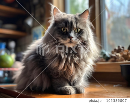 A cute grey maine coon cat is resting. Generative AI. 103386807