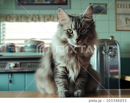 A cute grey maine coon cat is resting. Generative AI. A cute grey maine coon cat is resting. Generative AI. 103386855