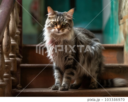 A cute grey maine coon cat is resting. Generative AI. 103386970