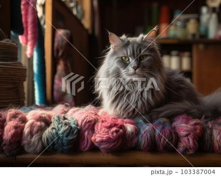 A cute grey maine coon cat is resting. Generative AI. A cute grey maine coon cat is resting. Generative AI. 103387004