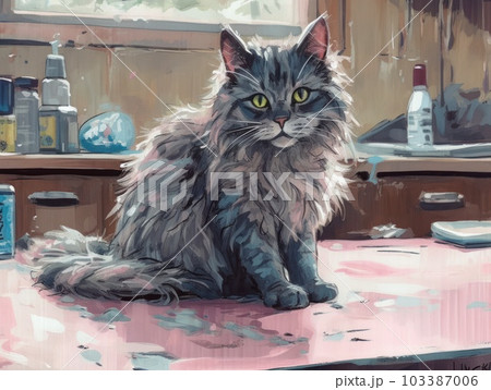 A cute grey maine coon cat is resting. Generative AI. 103387006