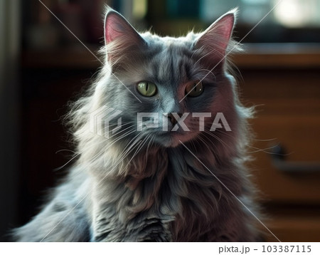 A cute grey maine coon cat is resting. Generative AI. A cute grey maine coon cat is resting. Generative AI. 103387115