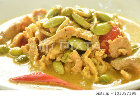 spicy boiled pork and Nitta tree seed or luk rieng in coconut milk curry soup Thai southern food on plate spicy boiled pork and Nitta tree seed or luk rieng in coconut milk curry soup Thai southern food on plate 103387399