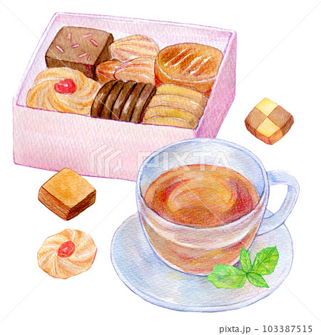 クッキー缶と紅茶　水彩イラスト　手描きイラスト 103387515