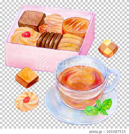 クッキー缶と紅茶　水彩イラスト　手描きイラスト 103387515