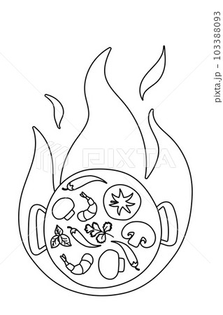Ingredients for Wok pan with fire. vector doodle flat asian wok symbols set. Vegetables with seafood for menu design. 103388093