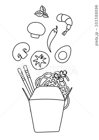 Noodles with traditional Ingredients in a wok box. Vector Illustration in doodle flat style. Noodles with traditional Ingredients in a wok box. Vector Illustration in doodle flat style. 103388096