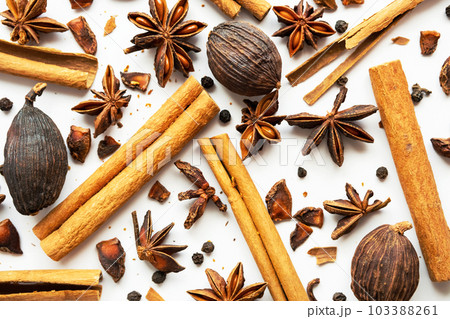 Dried star anise, cinnamon sticks and whole cardamon. Natural herbal spices seasoning collection. 103388261