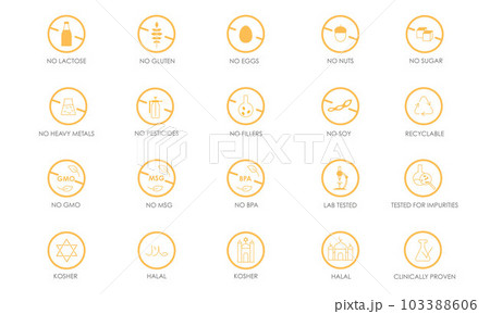 Healthy food and no allergen ingredient icons pack. Vector stock illustration isolated on white background for packaging design stickers - GMO, BPA, MSG, heavy metal, pesticides, filler free. EPS 10 Healthy food and no allergen ingredient icons pack. Vector stock illustration isolated on white background for packaging design stickers - GMO, BPA, MSG, heavy metal, pesticides, filler free. EPS 10 103388606