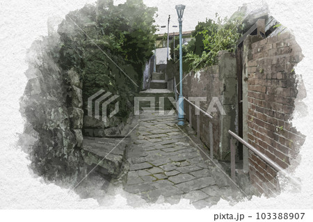 水彩画風　長崎　祈念坂　長崎県長崎市 103388907