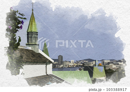 水彩画風　長崎　祈念坂からの大浦天主堂と長崎港　長崎県長崎市 103388917