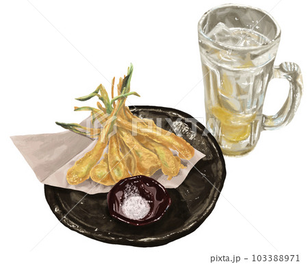 揚げたて島らっきょうの天ぷらとアルコールドリンクの手描き風イラスト 103388971