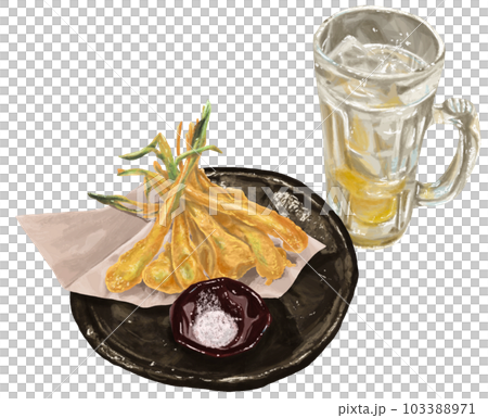 揚げたて島らっきょうの天ぷらとアルコールドリンクの手描き風イラスト 103388971