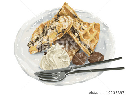 チョコアイスとワッフルのデザートセット手描き風イラスト 103388974