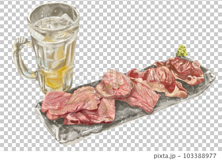 烤肉壽司和酒精飲料的手繪插圖 103388977