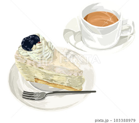 レアチーズケーキとホットティーのセット手描き風イラスト レアチーズケーキとホットティーのセット手描き風イラスト 103388979