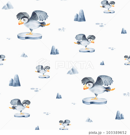 Seamless pattern with northern animals. Childish illustration of cute north pole animals. Watercolor illustration. For the design of holiday cards, fabric, print, poster, paper. 103389652