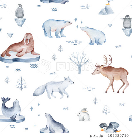 Seamless pattern with northern animals. Childish illustration of cute north pole animals. Watercolor illustration. For the design of holiday cards, fabric, print, poster, paper. 103389710