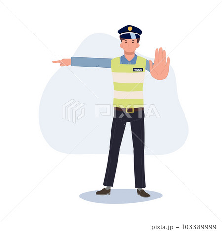 A traffic police gesturing to stop and giving sign the other way. Turn another way, block road. Flat vector cartoon illustration A traffic police gesturing to stop and giving sign the other way. Turn another way, block road. Flat vector cartoon illustration 103389999