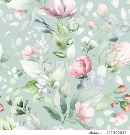 seamless floral watercolor pattern with garden pink flowers, leaves, branches. Botanical tiles, background. eucalyptus, peony, rose. seamless floral watercolor pattern with garden pink flowers, leaves, branches. Botanical tiles, background. eucalyptus, peony, rose. 103390035