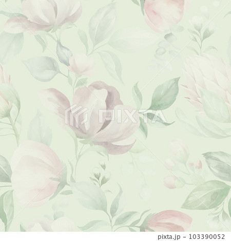 seamless floral watercolor pattern with garden pink flowers, leaves, branches. Botanical tiles, background. eucalyptus, peony, rose. seamless floral watercolor pattern with garden pink flowers, leaves, branches. Botanical tiles, background. eucalyptus, peony, rose. 103390052