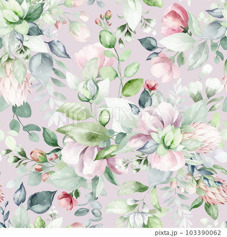 seamless floral watercolor pattern with garden pink flowers, leaves, branches. Botanical tiles, background. eucalyptus, peony, rose. seamless floral watercolor pattern with garden pink flowers, leaves, branches. Botanical tiles, background. eucalyptus, peony, rose. 103390062