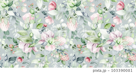seamless floral watercolor pattern with garden pink flowers, leaves, branches. Botanical tiles, background. eucalyptus, peony, rose. seamless floral watercolor pattern with garden pink flowers, leaves, branches. Botanical tiles, background. eucalyptus, peony, rose. 103390081