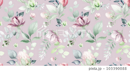 seamless floral watercolor pattern with garden pink flowers, leaves, branches. Botanical tiles, background. eucalyptus, peony, rose. seamless floral watercolor pattern with garden pink flowers, leaves, branches. Botanical tiles, background. eucalyptus, peony, rose. 103390088