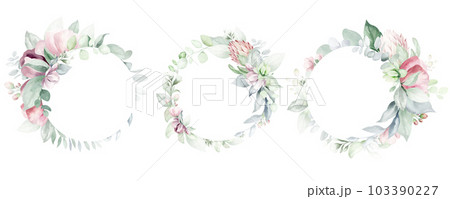 Luxury botanical wedding frame elements on white background. Set of circle shapes, wreaths of eucalyptus leaves, leaf branches. Elegant foliage design for wedding, cards, invitations, greetings. 103390227