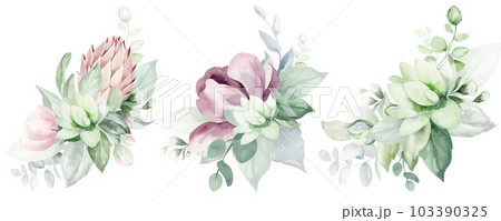A set of illustrations of watercolor floral bouquet - gently pink, green, rose flower green leaf leaves branches of bouquets collection. Wedding stationery, congratulations, wallpaper, fashion, backgr 103390325