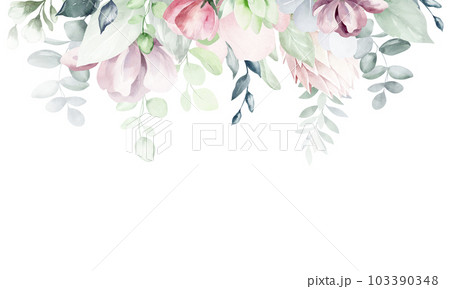 A set of illustrations of watercolor floral bouquet - gently pink, green, rose flower green leaf leaves branches of bouquets collection. Wedding stationery, congratulations, wallpaper, fashion 103390348