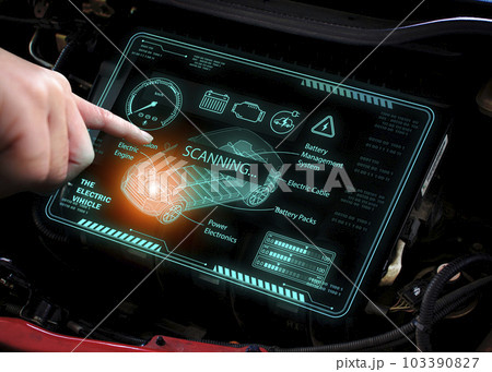 Mechanic is scanning electric engine trouble of EV electric vehicle by HUD digital display tool Mechanic is scanning electric engine trouble of EV electric vehicle by HUD digital display tool 103390827