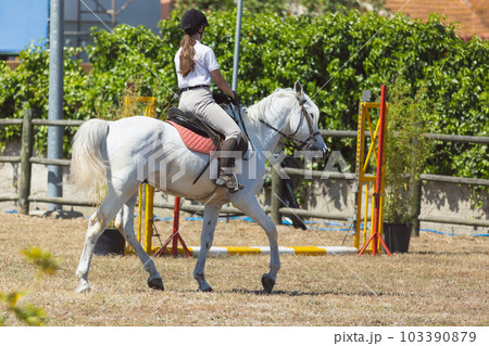 Equestrian sport - a girl in white uniform riding white horse at the ranch 103390879