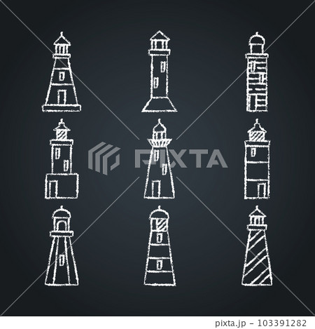 Lighthouse icon sketches set on chalkboard in line style Lighthouse icon sketches set on chalkboard in line style 103391282