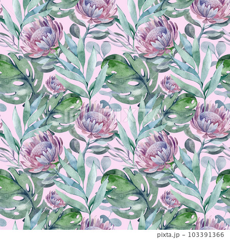 watercolor seamless pattern. floral background blooming flowers and protea leaves. Plants and flowers of Australia. for fabric, textile, roll wallpaper, design, backgrounds, textures, digital paper, watercolor seamless pattern. floral background blooming flowers and protea leaves. Plants and flowers of Australia. for fabric, textile, roll wallpaper, design, backgrounds, textures, digital paper, 103391366
