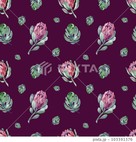 watercolor seamless pattern. floral background blooming flowers and protea leaves. Plants and flowers of Australia. for fabric, textile, roll wallpaper, design, backgrounds, textures, digital paper, 103391376