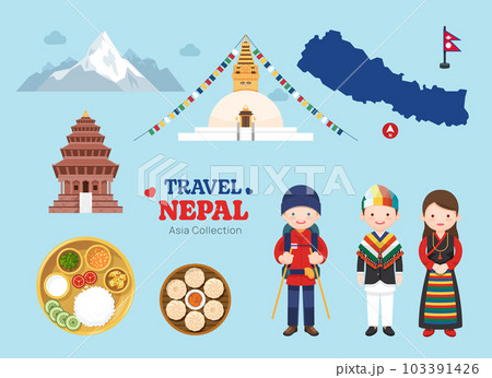 Travel Nepal flat icons set. Nepalese  element icon map and landmarks symbols and objects collection. Vector Illustration 103391426