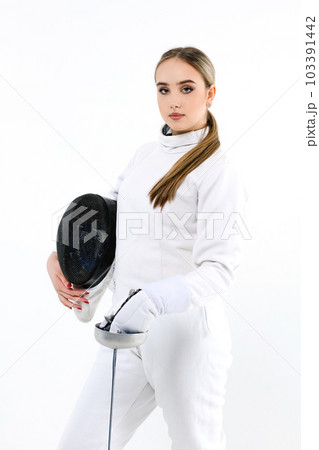 Portrait of a girl in a fencing costume with a mask and a sword 103391442