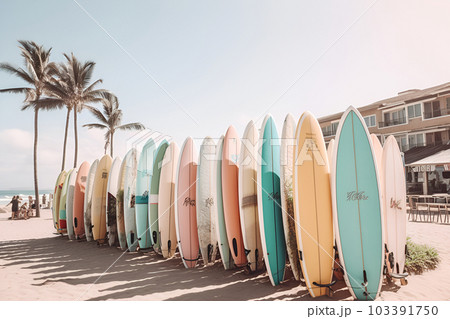 Surf boards in stack on sandy tropical beach.のイラスト