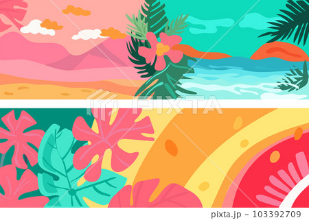 Hello summer. Set of horizontal summer banners with colorful tropical leaves, flowers. Relaxation concept. Templates are ideal for advertising, banners, websites, posters. Vector graphics 103392709