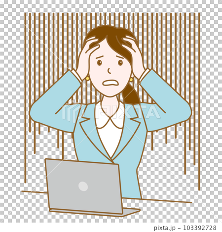 A suit woman holding her head in front of a computer 103392728